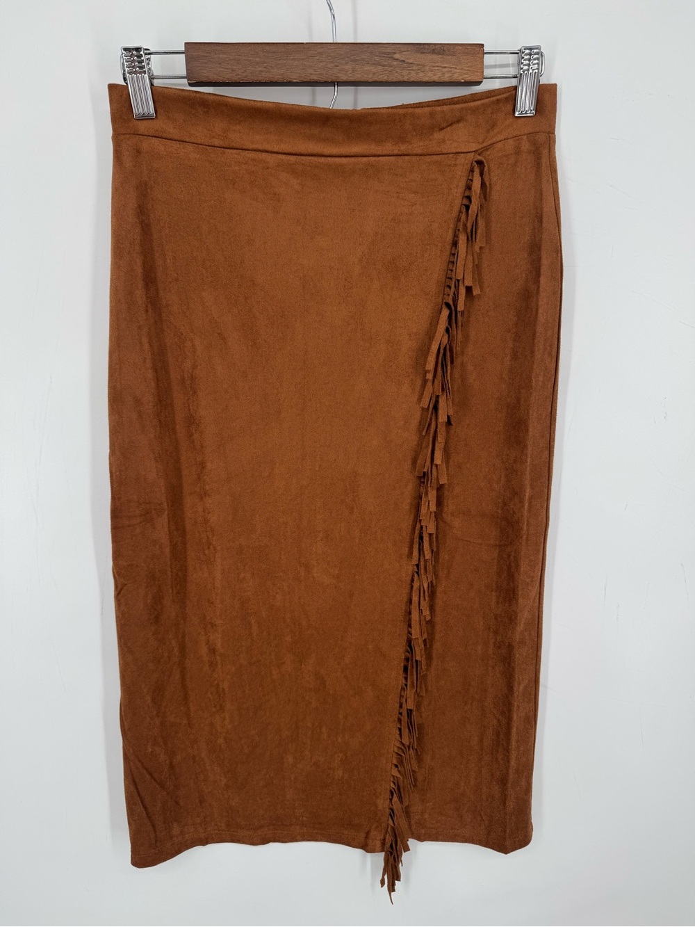 L Love Suede Brown Wrap Fringe Midi Skirt Fall Western Festival Size Medium NWT